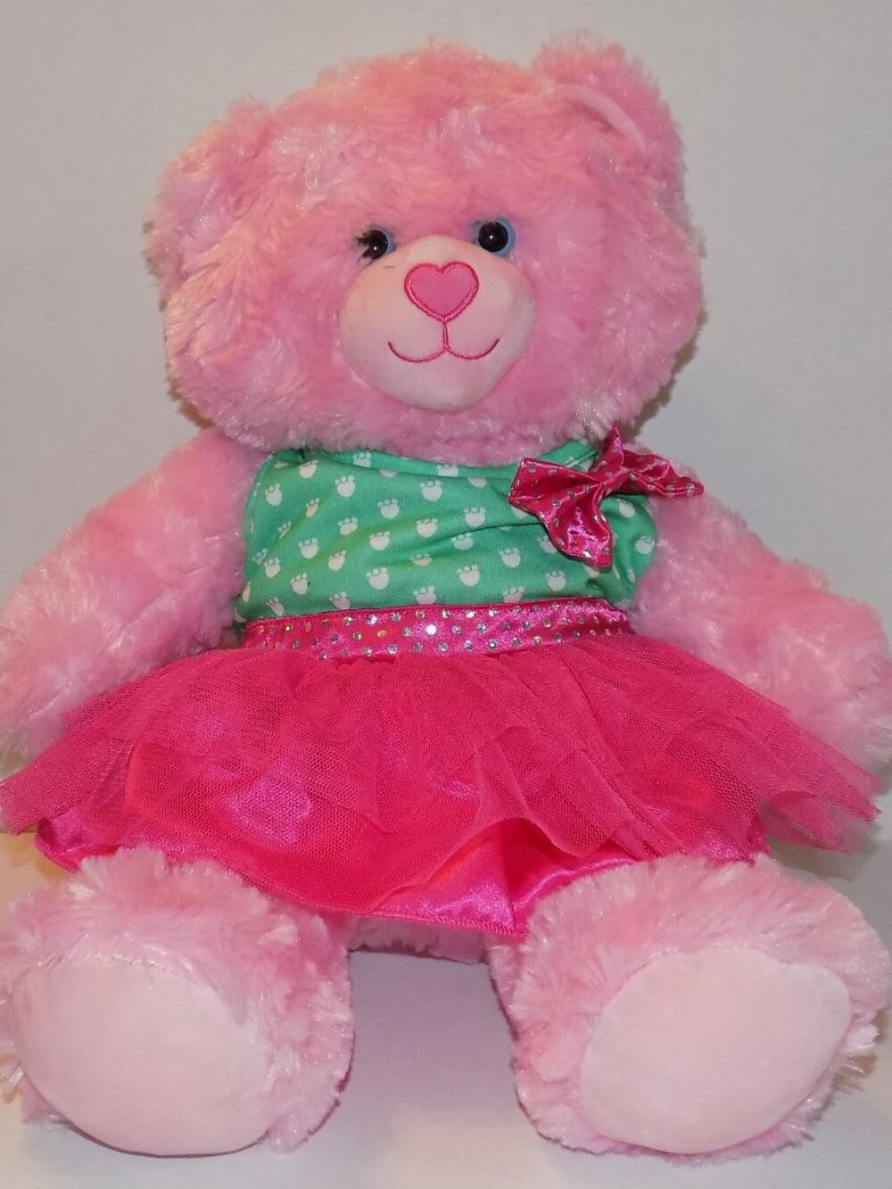 Build-A-Bear Pink Teddy Bear Plush w/ Mint Paw Print Top & Pink Tutu Outfit